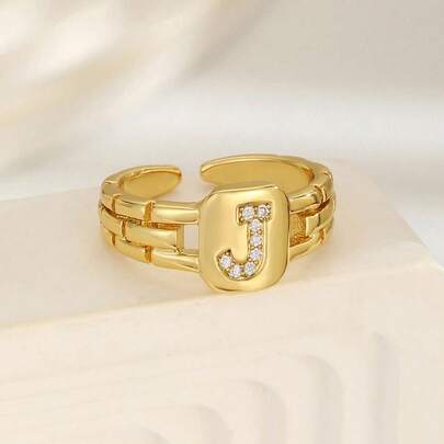 1 pieza Anillo cuadrado de moda clásica con letra, adecuado para hombres, niñas y niños, accesorio de calle, regalo de decoración diaria