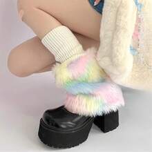 Y2K Subculture Korean Japanese Style Cold-Proof Leg Warmers Fake Two-Piece Colorful Furry Patchwork Handmade Knitted Mid-Calf Socks Suitable For Autumn And Winter Women's Leg Warmers - 彩色 - 查看 4