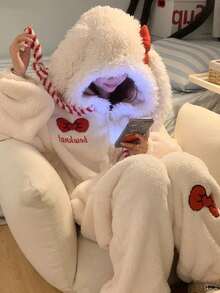 1件可爱兔耳红色蝴蝶结连帽浴袍,珊瑚绒卡通风格浴袍 - 冬季保暖珊瑚绒卡通动物连帽浴袍,带大口袋和袖口的连帽浴袍,情人节礼物长袖保暖加厚纽扣休闲家居服套装,女士睡衣套装,秋冬 - 彩色 - 查看 6