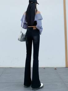 YEAE | 女士黑色喇叭牛仔裤，休闲长款无弹力牛仔裤，带纽扣口袋和拉链细节，春季款 - 黑色 - 查看 4