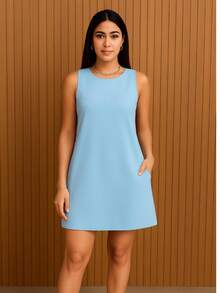 Women's A-Line Dress | Premium Tailored Fabric | Various Colors, Elegant And Modern With Pocket - Blue - View 3