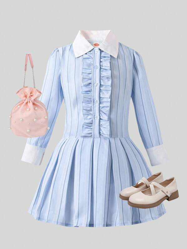 Girls' Elegant Collegiate Style Long Sleeve Mid-Length Dress, Versatile For Older Tween Girl, Spring/Autumn New Fashion Pleated Chest Design Midi Dress, Thin Striped Pleated Dress