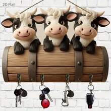 1 pieza, Soporte de llaves de madera de vaca triple de función múltiple con 4 ganchos de metal, decoración de pared, decoración del porche, decoración de la habitación, decoración de la villa, decoración del hogar para todas las estaciones, 2D plano