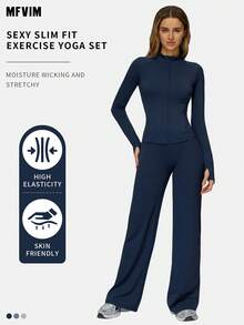 MFVIM 女士纯色拉链外套长袖上衣和阔腿宽松运动裤两件套，适合健身房锻炼、跑步和日常休闲穿着。 - 藏蓝色 - 查看 4