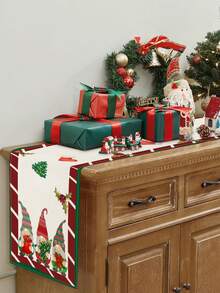 1 pieza/15 piezas Camino de mesa de lino navideño, Camino de mesa de árbol de Navidad con gnomos, Feliz Navidad, Adecuado para el hogar, restaurante, decoración de mesa de comedor, artículos para el hogar