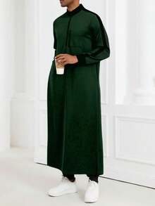 Modern Islamic Men's Clothing, Hooded Kamis Robe, Muslim Men's Grey Kamis Robe, Fashionable Stand Collar Long Hooded Sweatshirt - 墨綠色 - 查看 6
