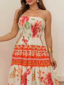 ARCO IRIS Long Strapless Dress In Plain Viscose, Printed, Barrato 36-42 With Lastex, Casual, Elegant, Feminine For Versatile And Comfortable Looks - B/LARANJA - 查看 4