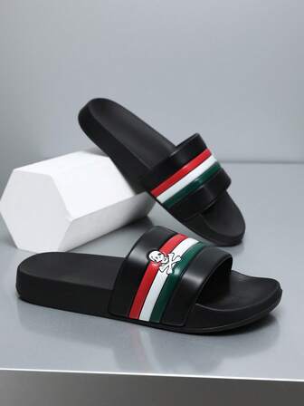 Unisex Skull Print Outdoor/Indoor Slippers, Men's All Season Beach Bathroom Sandals, Slip-On Slides