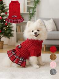 1 pieza Vestido de suéter para perros pequeños, suéter de cuello alto de invierno cálido para perros, ropa de punto suave para cachorros, vestidos lindos para perros de la taza, Yorkshire, Chihuahua