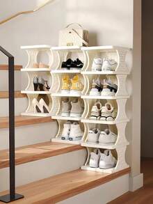 This Foldable Plastic Shoe Rack Is Removable And Space-Saving, Perfect For Storing Men's Leather Shoes, Sneakers, And Casual Shoes, As Well As Women's High Heels, Moccasins, And Boots. It's Perfect For Storing Winter Shoes In Entryways, Hallways, Bedrooms, Living Rooms, And Offices. Beige Stackable Bedroom Entryway Storage Rack, Adjustable Shoe Rack With Shoe Slots, Simple Tower Rack.