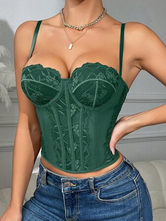 Lace Spaghetti Straps Underwire Boned Crop Top - Women's Bust-Enhancing Slimming
