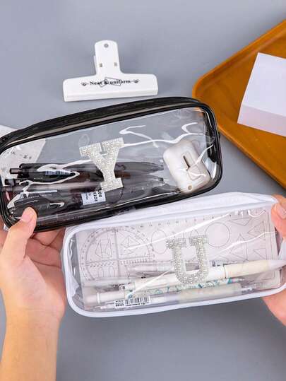 1pc Letter Decor Transparent Pencil Case, Waterproof PVC Zipper Cosmetic Bag, Bathroom Makeup Pouch, Travel Organizer Bag, Multi-Functional Storage Bag, Sanitary Napkin Holder, Jewelry Pouch, Wallet, Back To School Supplies Transparent Pencil Box, Cute Pencil Case