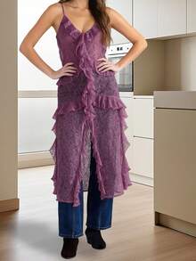 Women Lace Camisole, Sleeveless Tops V-Neck Slit Ruffled Summer Long Sheer Tops Clubwear - Hồng - Xem 5