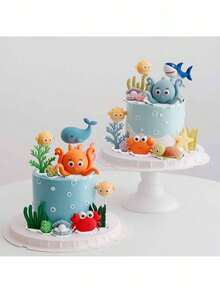Ocean World Theme Cake Decoration, Octopus, Whale, Porcupine, Crab, Coral, Seaweed, Starfish And Other Soft Plastic Decorations, Underwater Animal World Theme Cake Decoration, Suitable For Birthday Party, Baptism,Babyshower Gender Reveal Party Cake Decoration, Table Decoration, Reusable