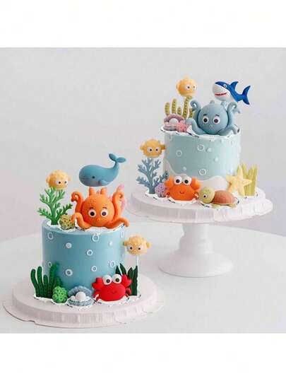 Ocean World Theme Cake Decoration, Octopus, Whale, Porcupine, Crab, Coral, Seaweed, Starfish And Other Soft Plastic Decorations, Underwater Animal World Theme Cake Decoration, Suitable For Birthday Party, Baptism,Babyshower Gender Reveal Party Cake Decoration, Table Decoration, Reusable