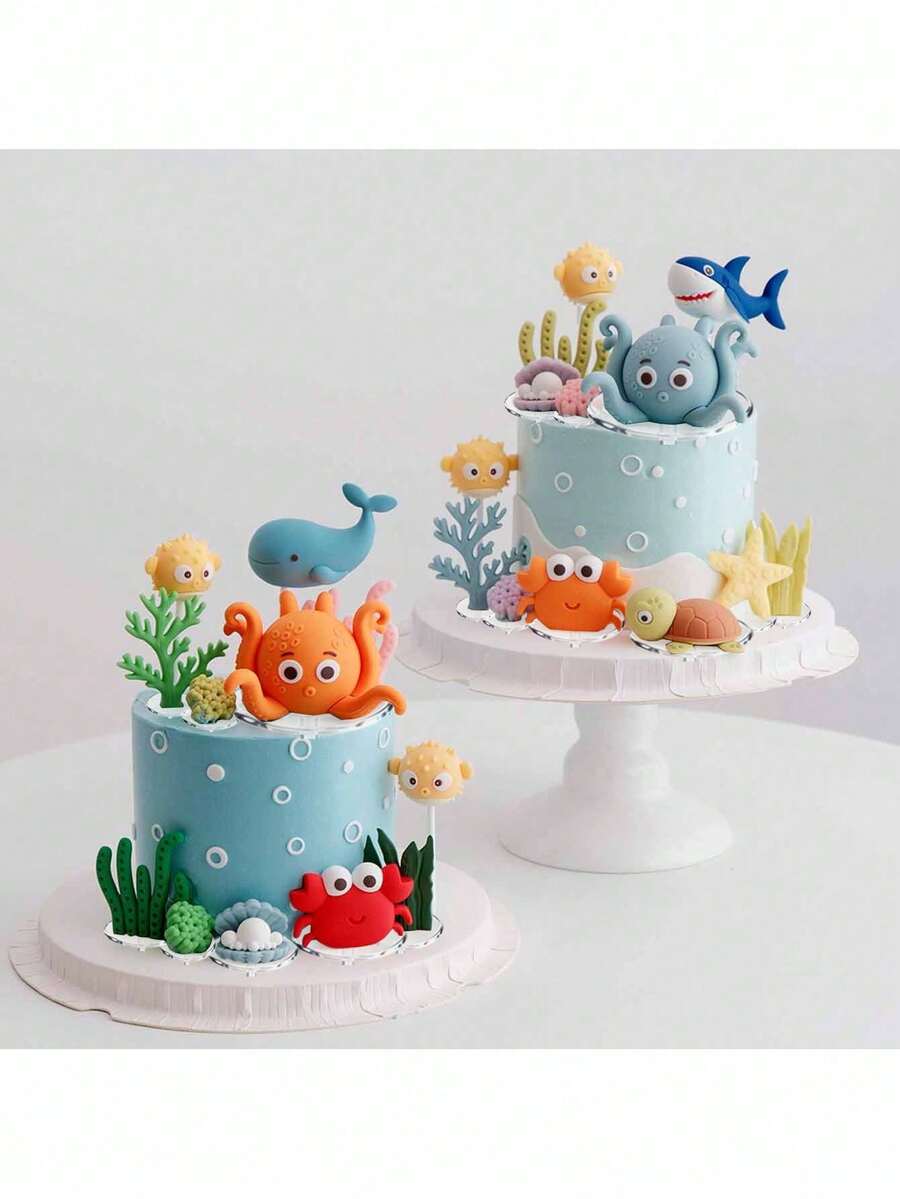Ocean World Theme Cake Decoration, Octopus, Whale, Porcupine, Crab, Coral, Seaweed, Starfish And Other Soft Plastic Decorations, Underwater Animal World Theme Cake Decoration, Suitable For Birthday Party, Baptism,Babyshower Gender Reveal Party Cake Decoration, Table Decoration, Reusable