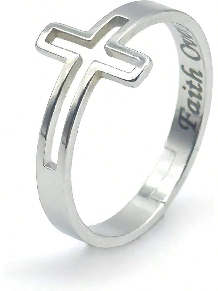Anillo de cruz lateral Recordatorio de fe religiosa sobre el miedo Orar a Dios Jesús | Anillo de cruz religiosa de acero inoxidable ajustable | Incluye caja de joyería 2025 - Plateado - Ver 1