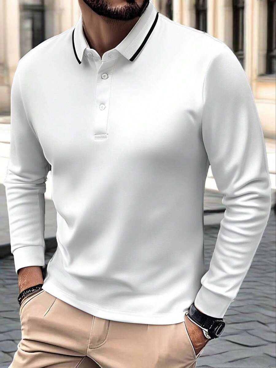 Men's Long Sleeve Polo Shirt, Casual Lightweight Business Solid Color Simple Campus Style Long Sleeve T-Shirt, Autumn/Winter
