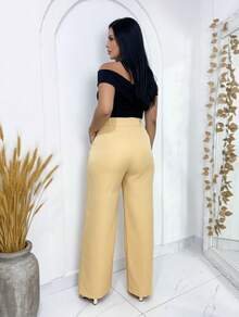 Women's Tailored Trousers, High Waist Wide Leg, Elegant Formal Pants - Light Yellow - View 4