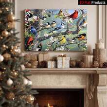 [2D Flat]1 Piece Of Canvas Painting Art Print With Wooden Frame, Bird Perched On Tree Branch With Flowers, Spring Elements, High Quality Wall Art Printed Poster Can Be Hung Directly, Pine Frame, Spring Decor,Room Decor,Office Art | Exquisite Home Art | Wooden Framed Ar - 彩色 - 查看 3