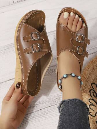 女式双排扣刺绣厚底拖鞋，柔软纯色海滩派对度假时尚前卫优雅婚礼休闲性感户外扣女士坡跟厚底凉鞋，夏季