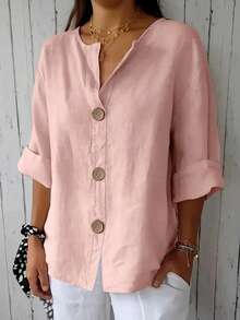 加大码女式纯色前开襟衬衫 粉色 春季 - 粉色 - 查看 2