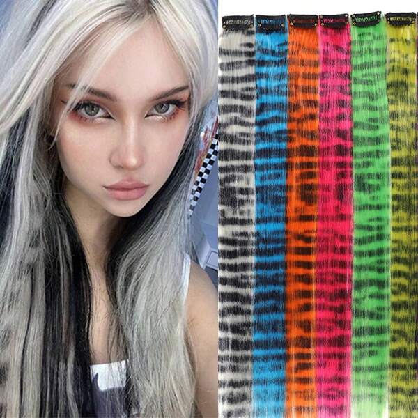 1 Stücke/Set gestreifte, bunte, lange, gerade Haarverlängerungen aus Kunsthaar zum Clip-In für den täglichen Gebrauch, Partys, Halloween