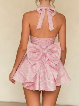 WOWDARK Women's Autumn Deep V-Neck Jacquard Tie Neck, Bowknot Spaghetti Strap Backless A-Line Dress