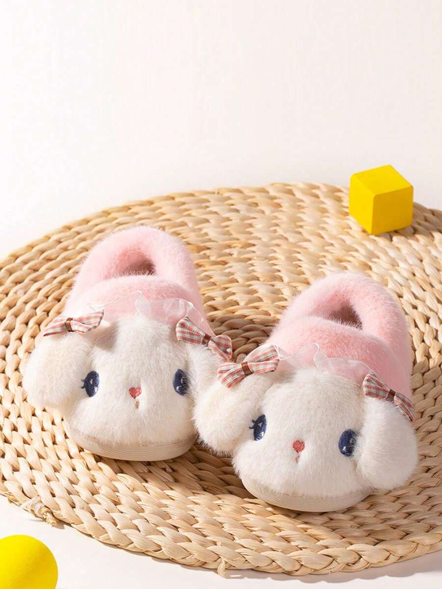 1 par de pantuflas para niños de interior, diseño lindo de conejo con lazo de dibujos animados, forro térmico cálido, adecuado para niñas, otoño/invierno