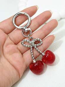 1pc Glitter Cherry Keychain, Elegant Bow Metal Pendant, Cute Keyring Bag Charm Accessory