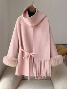 2pcs Women's Elegant Pink Windbreaker Jacket Cloak Coat And Tassel Scarf Set, Suitable For Commuting In Autumn/Winter - Pink - View 6