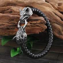 1 Pc Fashion Punk Imitation Leather Viking Double Wolf Head Bracelet For Men Jewelry Accessories Party Gift Hip Hop Vintage Men BraceletDaily Ware Best Gift For Friends And Family - Bạc - Xem 6