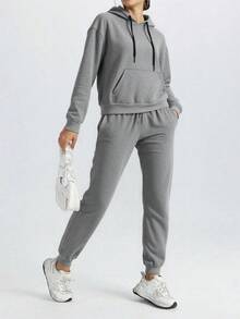 Conjunto de Sudadera con Capucha para Mujer - Ropa Casual y Deportiva, Tejido Cómodo y Transpirable, Diseño Práctico con Bolsillos y Cuerdas Ajustables, Estilo Minimalista y Versátil, Ideal para Varios Escenarios de Uso, Silueta Elegante y Moderna. - flor gris - Ver 3