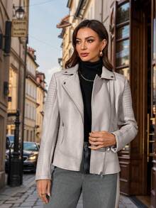 Risissida Women's Cropped Faux Leather Biker Jacket - Asymmetric Zip, Stand Collar For Edgy Casual Street Style For Fall Winter Jacket Spring - Beige - View 2
