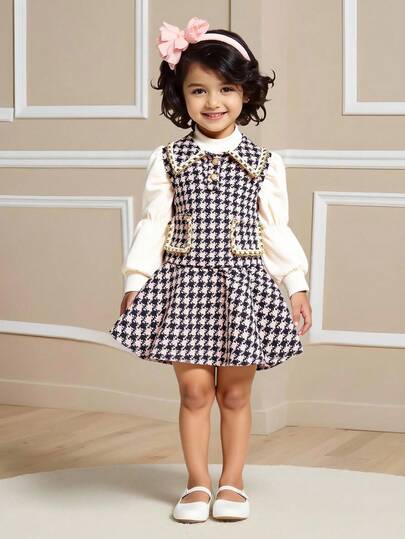 2pcs/Set Girls Autumn/Winter Cute Dress, Plaid Collar Velvet Dress + Apricot Long Sleeve Top, Fashionable, Elegant, Suitable For Casual, Daily Wear And School Wear
