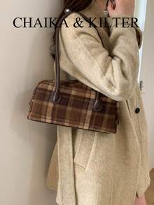 CHAIKA & KILTER 1pc Contrast Color Shoulder Bag, Vintage Fashion Matte Bowling Bag With Contrast Stitching, Dual Handles, Zipper Closure, Suitable For Daily And Outdoor Use - Multicolor - View 8