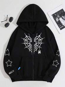 1pc Tween Girl Loose Casual Sports Versatile Spider Print Hoodie Sweatshirt, Streetwear Pullover For Spring And Autumn