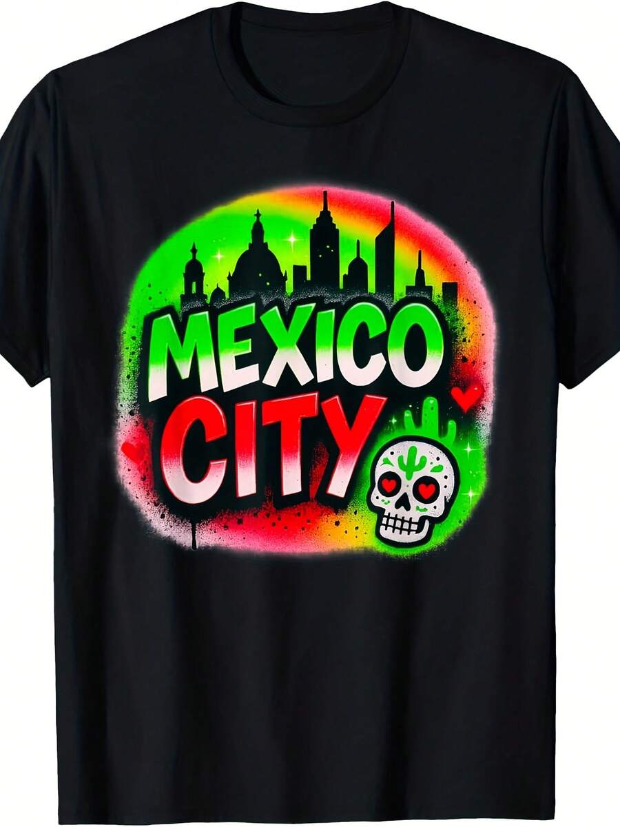 Mexico City Graffiti Skyline With R Skull Cactus Motif T-Shirt - Style 18 - View 1