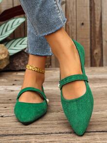 新款秋季女士套脚鞋，绒面尖头套脚百搭工作乐福鞋 - 墨綠色 - 查看 9