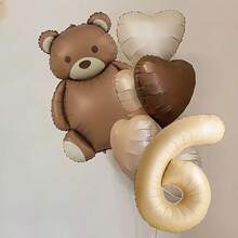 8pcs, 18-Inch Retro Colorful Heart Foil Balloons, Including Cute Brown Bear Balloons, With 32-Inch Caramel Number 1, 2, 3, 4, 5, 6, Suitable For Birthday, Mother's Day, Halloween, Christmas Party Decorations, Also For Home Room Decor, Kids Birthday Decor - Coffee Brown - View 9