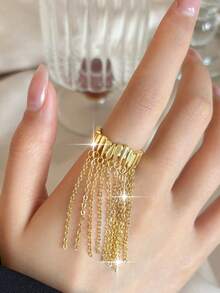1pc Fantasy Long Tassel Cubic Zirconia Engagement Rings For Women Glamorous Wedding Queen Openable Ring For Anniversary Party Jewelry Gift - Yellow Gold - View 5