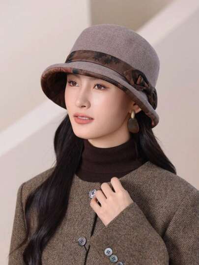 1pc Women's Solid Color Bucket Hat With Bowknot, Tie-Dye Bowknot Ribbon Decor, Rolled Edge Design, Soft Fabric, Windproof And Warm, Versatile For Daily Wear, Morning Exercise, Gathering With Friends, Holiday Outings, Elderly Outfit, Practical And Warm Accessory For Autumn/Winter