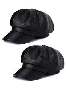 1pc Or 2pcs Unisex Solid Color Hat, Women PU Leather Octagonal Hat, Retro British Style Beret Hat, Versatile For Autumn/Winter, Suitable For Daily Outfit Matching