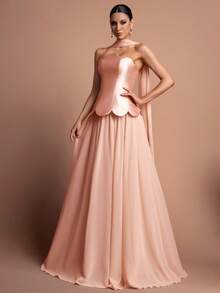 Faeriesty Style Elegant Strapless Satin Formal Evening Gown – Sleeveless Sweetheart Neckline, Petal-Trimmed Waist, Back Tie Detail & Flowing Skirt – Perfect For Weddings, Evening Galas, Celebrations & Red-Carpet Events