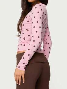 Womens Y2k Polka Dot T-Shirt Long Sleeve Crew Neck Tops Cute Polka Dot Graphic Slim Fit Tee Streetwear - Hồng - Xem 2
