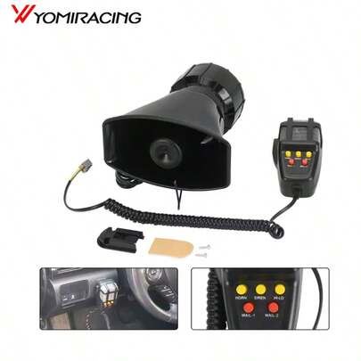 汽车报警喇叭，7音调带麦克风，12V/24V 100W应急放大器带麦克风PA扬声器系统，高音量汽车报警器，适用于轿车、救护车、消防车、交通警报器（ABS塑料外壳，铁支架，带螺丝孔的扬声器金属框架，可调节底座角度，易于安装！）