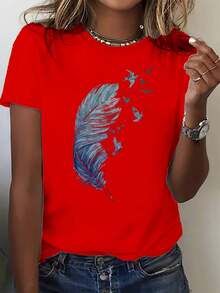 Camiseta casual de mujer con estampado de paloma azul - Camiseta roja vibrante de manga corta y cuello redondo, tejido elástico y transpirable, corte relajado para ropa casual de primavera y verano, conjuntos casuales y semi-formales, pieza versátil para combinar para mujer - Rojo - Ver 2