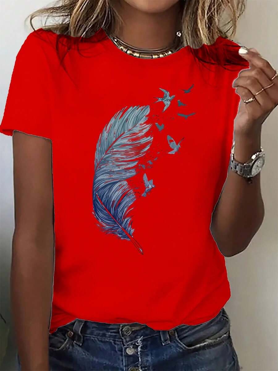 Camiseta casual de mujer con estampado de paloma azul - Camiseta roja vibrante de manga corta y cuello redondo, tejido elástico y transpirable, corte relajado para ropa casual de primavera y verano, conjuntos casuales y semi-formales, pieza versátil para combinar para mujer