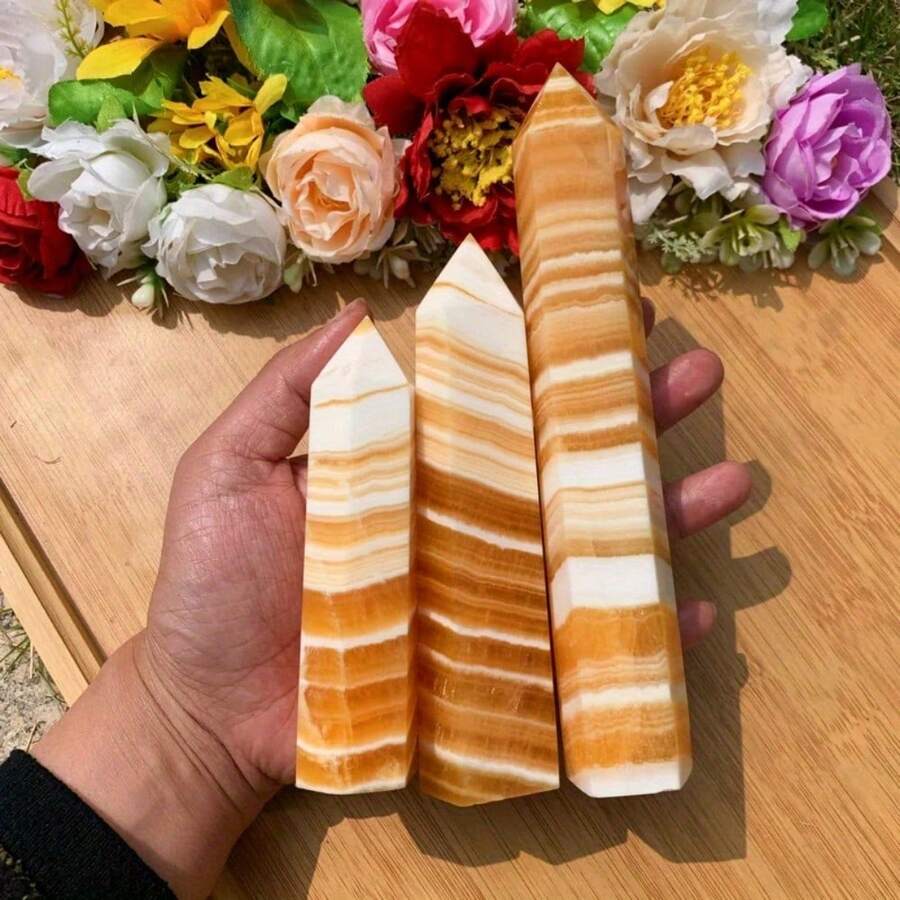 1pc Natural Yellow Calcite Crystal Tower - Elegant Obelisk Point With Golden-Yellow To White Marbling, Polished Smooth Facets For Home Office Decor, Meditation Altar, St. Patrick's Day Easter Mardi Gras Decoration, Spiritual Stone Gift