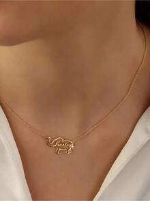 1pc Customized Elephant Name Necklace, Women's Gold Stainless Steel Geometric Letter Pendant Necklace, Animal Jewelry Gift - Multicolor - View 3